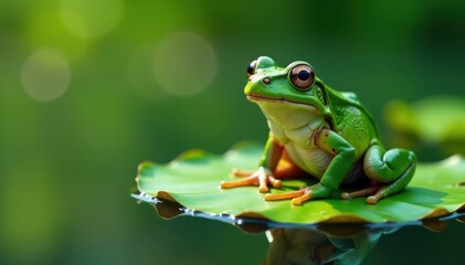 Naklejka premium Frog sitting on a lily pad, water, greenery