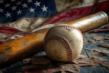 Vintage Baseball Equipment with Worn Ball Wooden Bat and Weathered American Flag