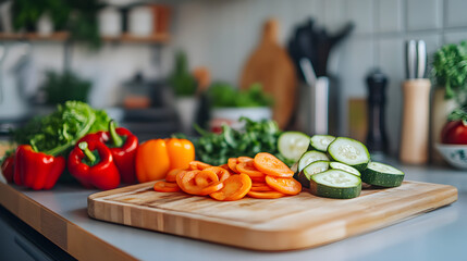 and bright kitchen counter with a wooden cutting board, sliced vegetables like carrots, bell peppers, and zucchini ready for a stir-fry 