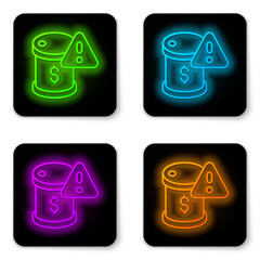 Glowing neon line Drop in crude oil price icon isolated on white background. Oil industry crisis concept. Black square button. Vector