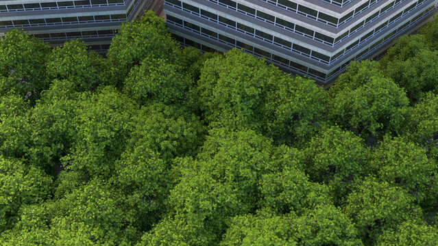 Aerial view of modern architecture integrated with lush green forest in an urban setting