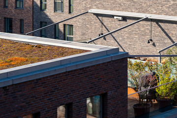 Close-up of green rooftop with vegetation and brick architecture in Nordhavn, Copenhagen. Sustainable urban housing with modern environmental design.