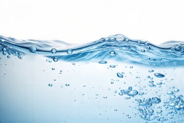 Clear blue water splash with bubbles and wave motion isolated on white background – symbol of purity, hydration, freshness, and nature, ideal for health, science, or environmental themes