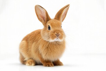 Obraz premium Adorable light brown rabbit sitting on white background – fluffy domestic bunny with curious expression, perfect for themes of spring, pets, cuteness, nature, or Easter celebration