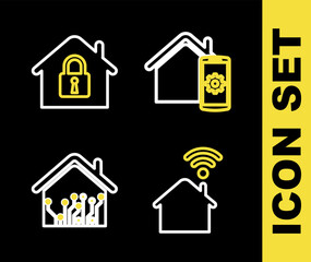 Set line Smart home remote control system, with wi-fi, and House under protection icon. Vector