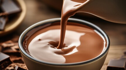 Rich and creamy chocolate sauce being poured into a bowl, perfect for desserts and snacks, captured in a cozy kitchen setting