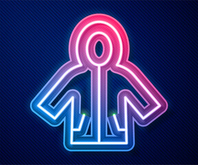 Glowing neon line Raincoat icon isolated on blue background. Vector
