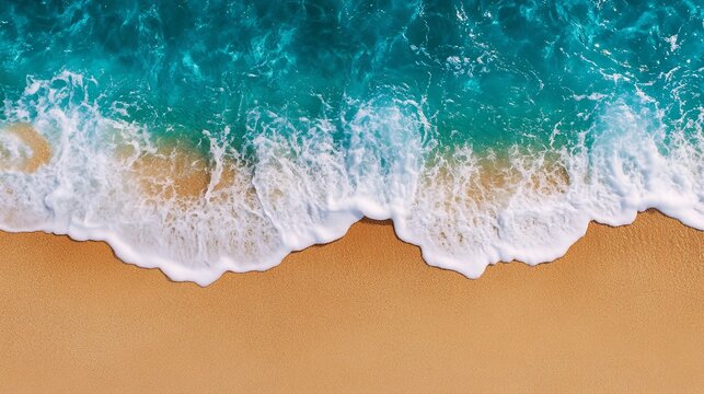 Aerial View of Turquoise Ocean Waves on Sandy Beach