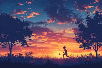 Fototapeta premium Action sport outdoors of a group of kids having fun playing soccer football for exercise in community rural area under the twilight sunset.