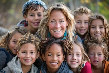 Fototapeta premium The nursery school teacher, encircled by her students, all beaming for the photo.