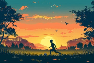 Obraz premium Action sport outdoors of a group of kids having fun playing soccer football for exercise in community rural area under the twilight sunset.