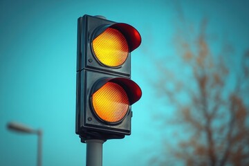 Red Traffic Light Against Blue Sky with Copy Space