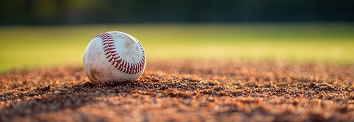 Baseball Close-up on Pitcher's Mound with Soft Sunlight and Textured Dirt and Grass