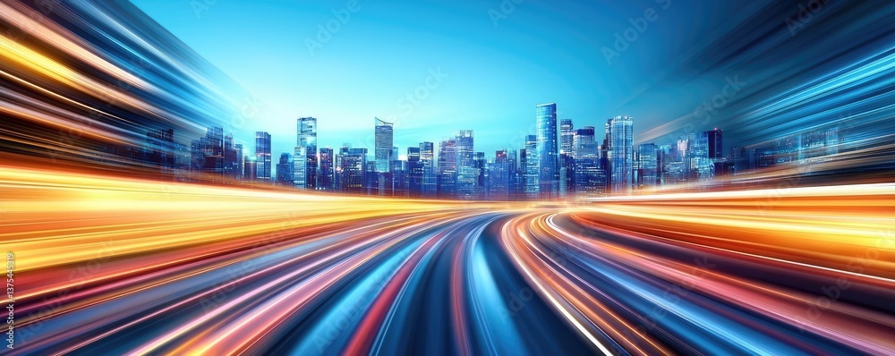 Poster motion blur city in a digital future with technology panorama concept. dynamic urban scene showcasin