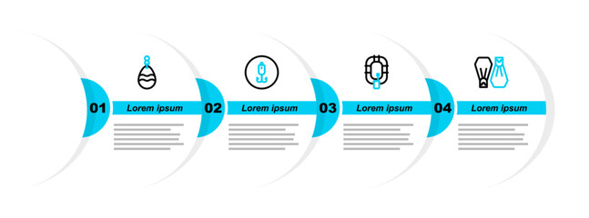Set line Rubber flippers for swimming, Inflatable boat, Fishing hook and spoon icon. Vector © vector_v
