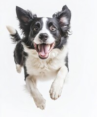 Fototapeta premium A joyful dog mid-leap, full of excitement and energy, captured against a clean white background to showcase its happy expression.
