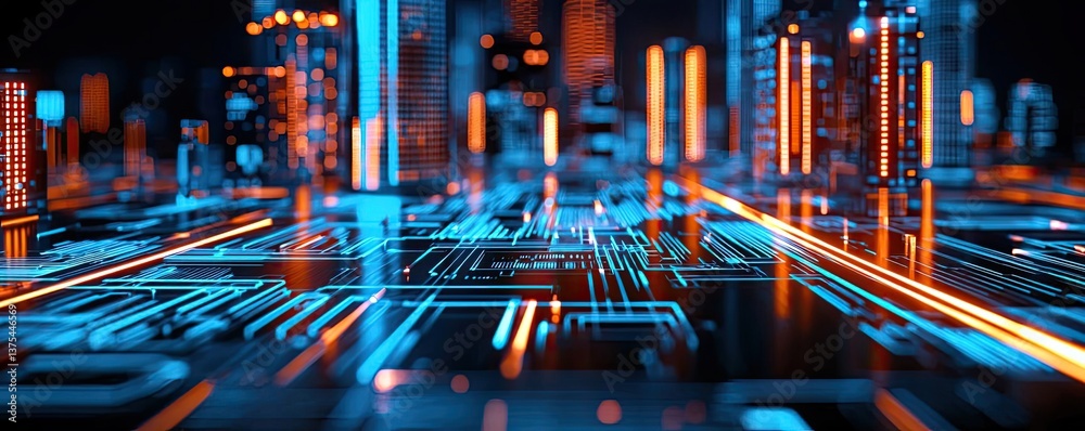 Poster motion blur city with futuristic skyline and digital technology concept. futuristic cityscape with v