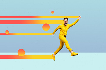 Composite trendy magazine photo collage of happy businessman run colorful doodle line success...