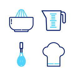 Set line Chef hat, Kitchen whisk, Measuring cup and Citrus fruit juicer icon. Vector