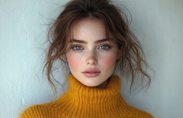 Happy Asian Woman in Yellow Sweater Wearing Hygienic Mask to Prevent Virus and Air Pollution on White Background