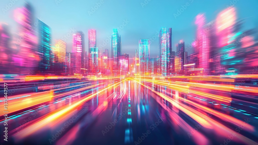 Aufkleber motion blur city in a digital future with technology panorama concept. vibrant city skyline with col