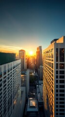 A breathtaking sunrise illuminates a futuristic business district showcasing modern skyscrapers and urban architecture in a vibrant cityscape at dawn.