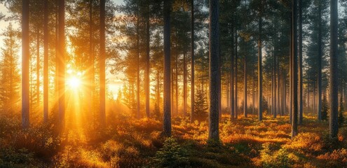 Fototapeta premium Tranquil Forest at Sunrise with Vibrant Autumn Colors and Soft Mist