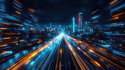 Fototapeta premium Motion blur city with futuristic panorama and cyberspace landscape concept. Dynamic city lights create a vibrant night-time motion effect.