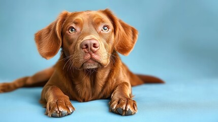 Brown puppy lying down with tongue out cute Hungarian vizsla portrait on blue background