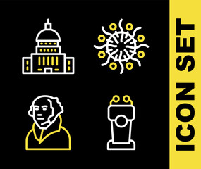 Set line Firework, Stage stand tribune, George Washington and White House icon. Vector