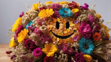 A vibrant floral arrangement features a circular design composed of various colored petals,