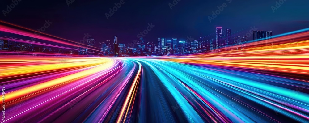 Poster motion blur city in a digital future with technology panorama concept. vibrant city lights creating 