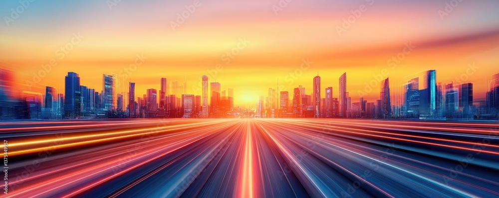 Poster motion blur city in a digital future with technology panorama concept. dynamic city skyline at sunse
