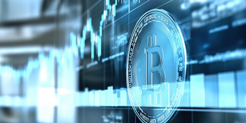 Technical analysis chart displaying bitcoin logo with fluctuating market data trends