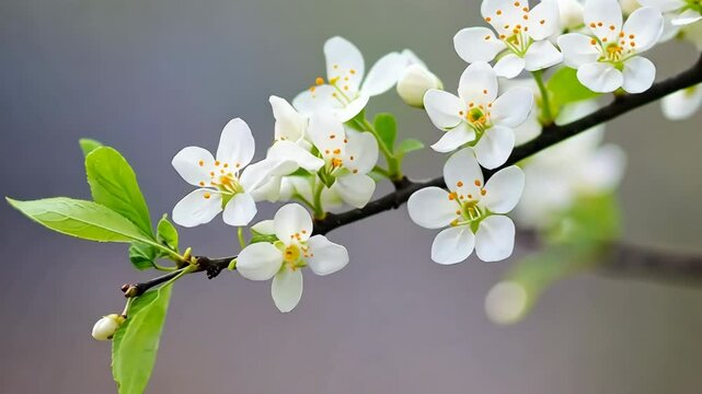 A branch with white flowers is shown in the image. The flowers are in full bloom and are arranged in a way that creates a sense of balance and harmony