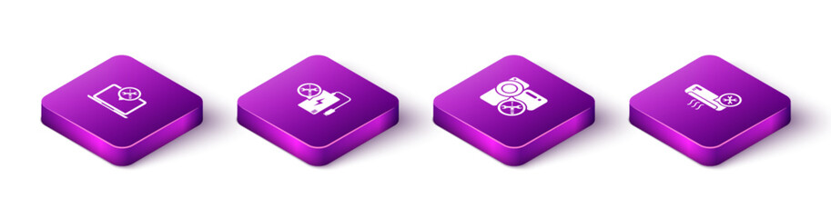 Set Isometric Laptop service, Power bank, Video camera and Air conditioner icon. Vector