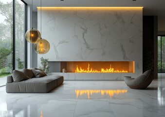 Modern Minimalistic Glass Corner Fireplace with Ambient Lighting and White Marble Textures