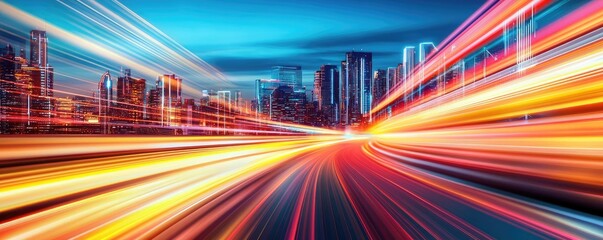 Fototapeta premium Motion blur city with futuristic skyline and digital technology concept. Dynamic city skyline with vibrant light trails at twilight.