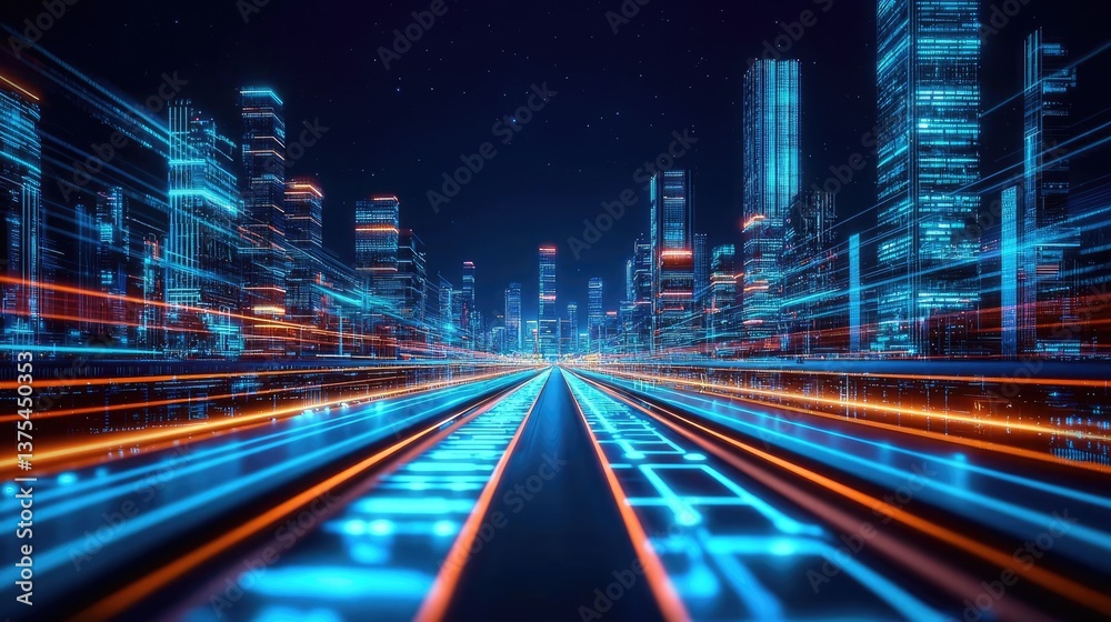 Poster motion blur city with futuristic skyline and digital technology concept. futuristic cityscape with v