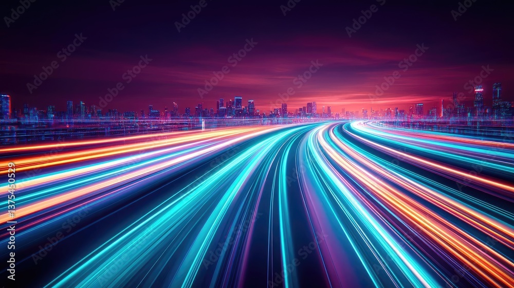 Poster motion blur city with futuristic skyline and digital technology concept. dynamic light trails captur