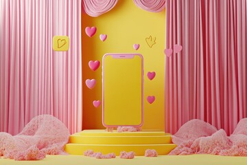 Smartphone Stage Setup with Theater Curtains and Notification Icons on Vibrant Yellow Background