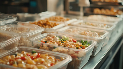 Obraz premium A close up view of plastic containers filled with various food items on a metal surface indoors