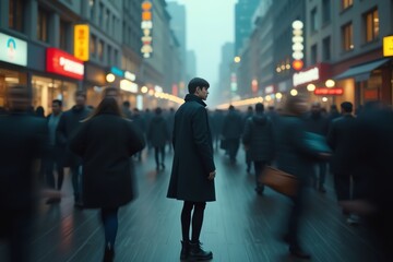 Fototapeta premium A lone figure stands still in the middle of a bustling city street, blurred crowds rushing past them