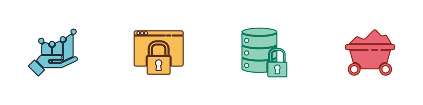 Set Pie chart infographic, Secure your site with HTTPS, SSL, Server security lock and Coal mine trolley icon. Vector