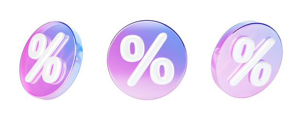 3d set of glass holographic circle sale tag or label with percent sign. Rainbow round shopping discount badge with percentage render icon. Crystal bonus, price or offer with gradient