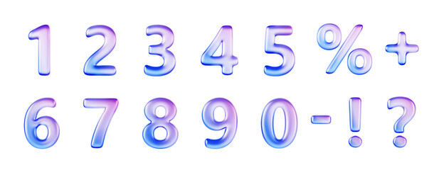 3d holographic font, glass liquid numbers from 0 to 9, percent sign, question mark, exclamation point, plus and minus symbol. Iridescent gradient balloons, isolated render icon set