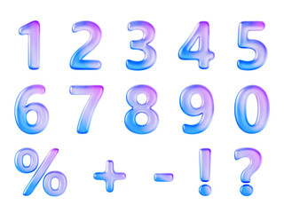 3d glass holographic liquid translucent numbers font from 0 to 9, percent sign, question mark, exclamation, plus and minus symbol. Iridescent gradient texture balloons render icon set