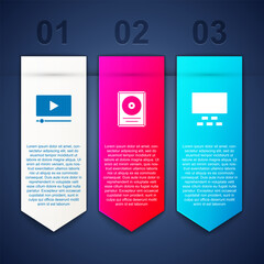 Set Online play video, CD disk award frame and Cinema auditorium with seats. Business infographic template. Vector