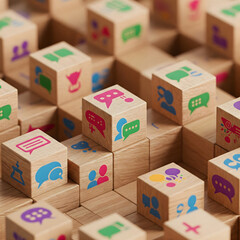 Communication Blocks:  A 3D render showcases a multitude of wooden blocks arranged in a complex pattern. Each block is adorned with vibrant icons that symbolize communication, social interaction.