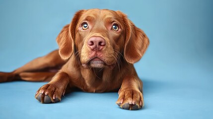 Adorable Hungarian Vizsla Puppy Lying Down with Tongue Out on Blue Background